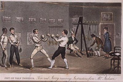 Art of Self Defence: Tom og Jerry mottar instruksjoner fra Mr Jackson, fra "Life in London" av Pierce Egan av Isaac Robert and George Cruikshank