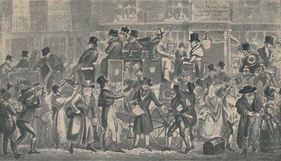 Utenfor White Horse Cellar, Piccadilly, 1821, 1920. Kunstnere: Isaac Robert Cruikshank, George Cruikshank. av Isaac, Robert and George Cruikshank