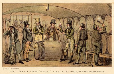 Tom, Jerry og Logic, smaker vin i skogen, ved London Docks av Isaac, Robert and George Cruikshank