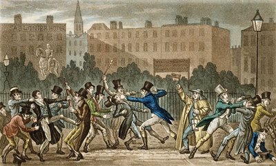 Tom, Jerry og Logic Involved in a Night Fight, fra "Life in London" av Pierce Egan (1772-1849), 1821-22 (farget akvatint) av Isaac, Robert and George Cruikshank