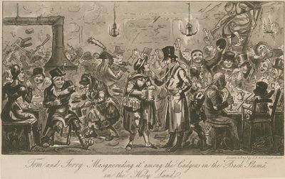 Tom og Jerry maskerer det blant cadgers i "bakre slummen" i Det hellige land av Isaac, Robert and George Cruikshank