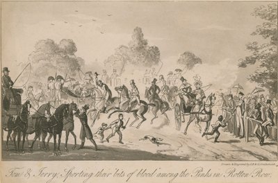 Tom og Jerry viser blodbitene sine blant de rosa i Rotten Row av Isaac, Robert and George Cruikshank