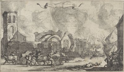 Franske tropper marsjerer plyndring og skyting gjennom ruinene av landsbyen Nigtevecht, 1672 Serie på tretten bilder av landsbyene og slottene i provinsen Utrecht ødelagt av franskmennene i 1672 (serietittel) av Isaac Sorious