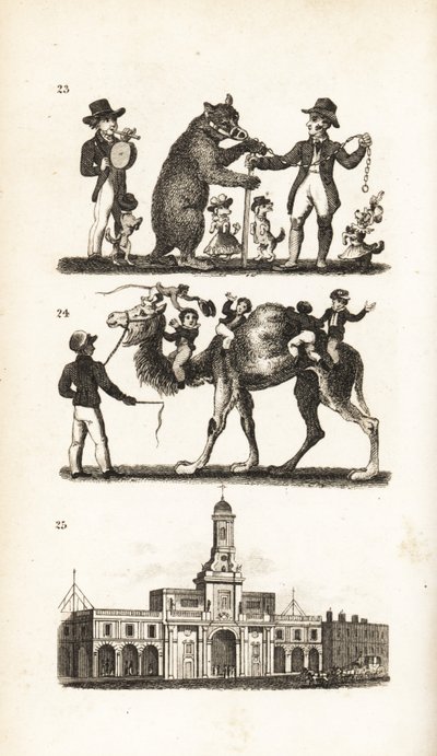 Dansende bjørn og hund, kamel og ape og Royal Exchange av Isaac Taylor