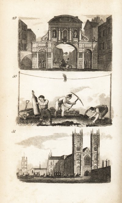 Temple Bar, Paviors og Westminster Abbey av Isaac Taylor