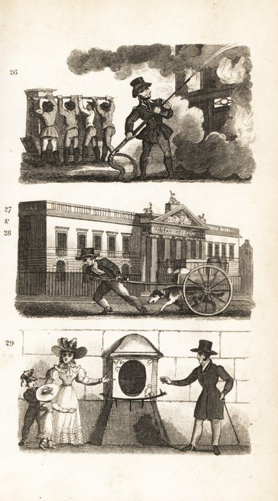 Brannmotoren, tegning av varer på en lastebil, East India House og London Stone av Isaac Taylor