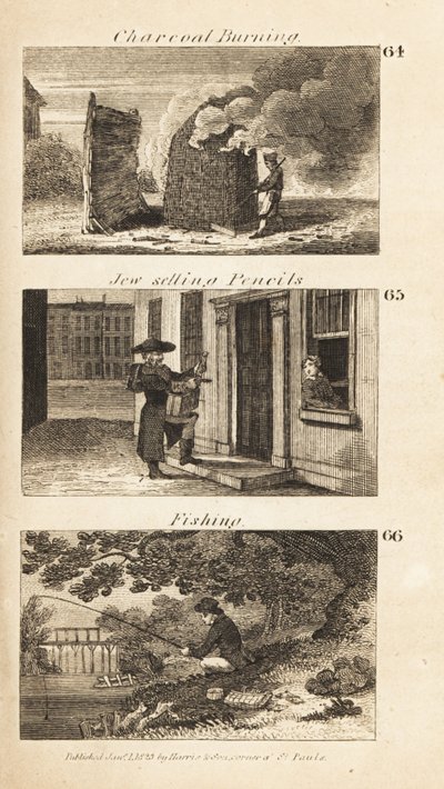 Handler i Regency England: kullbrenning, jøde som selger blyanter og fiske av Isaac Taylor