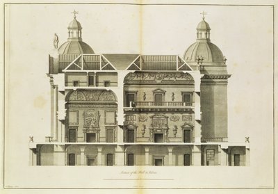 Houghton Hall: tverrsnitt av hallen og salongen, gravert av Pierre Fourdrinier, 1735 (se også 64903 og 64904) av Isaac Ware