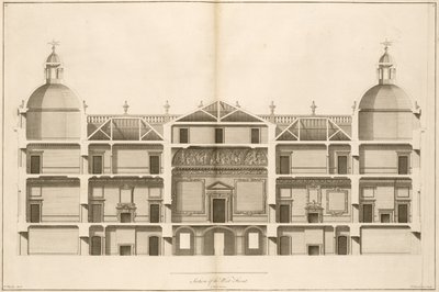 Houghton Hall: del av vestfronten, gravert av Pierre Fourdrinier, 1735 (se også 64902 og 64903) av Isaac Ware