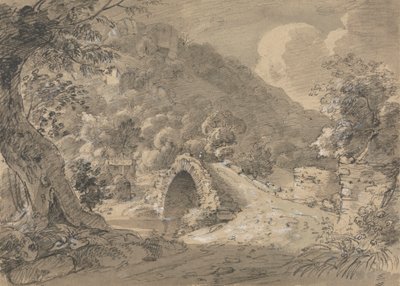 Fjelllandskap med bro og hus av Isaac Weld