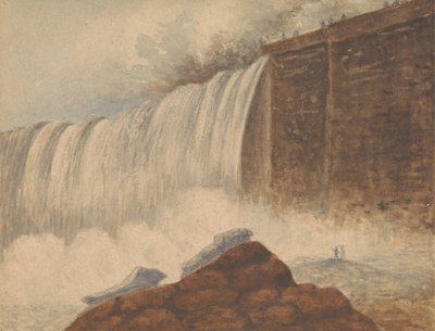 Utsikt over Niagara Falls med to figurer på stein i høyre forgrunn av Isaac Weld