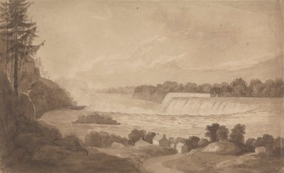 Utsikt over Niagarafallene med fossen i bakgrunnen, til høyre og landskapet med hus i forgrunnen av Isaac Weld