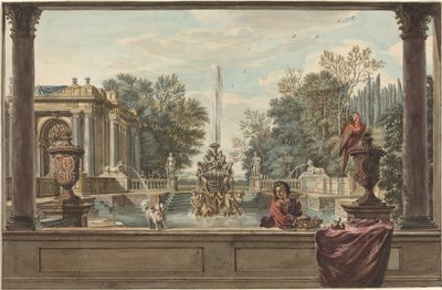 En italiensk hage med en papegøye, en puddel og en mann av Isaac de Moucheron