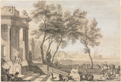 Fantastisk havnescene med arkitektur og figurer av Isaac de Moucheron