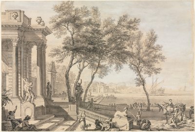 Fantastisk havnescene med arkitektur og figurer, 1713. av Isaac de Moucheron