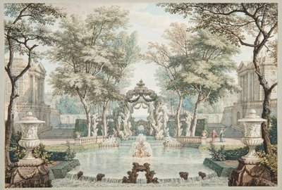 Hage med klassiske bygninger og en fontene av Isaac de Moucheron