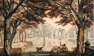 Innsjø med fontene i en hage (penn og blekk og vask på papir) av Isaac de Moucheron