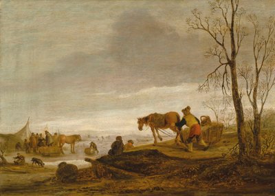 Et vinterlandskap med figurer på en frossen elv av Isaac van Ostade
