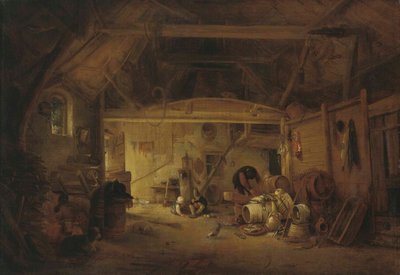 Tysk: Scheuneninterieur Et låveinteriør med to barn som spiser og en mann som arbeider av Isaac van Ostade