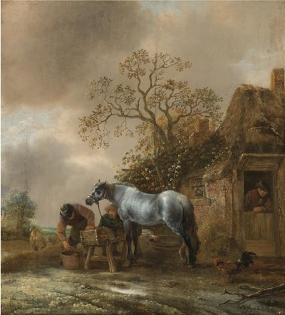 Landskap med bønder som mater en hest foran en hytte av Isaac van Ostade
