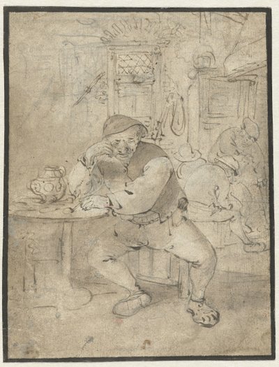 Sittende bonde, lent på et bord av Isaac van Ostade
