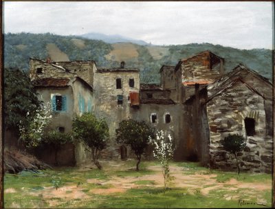 Nær Bordighera, i Nord-Italia. (Nær Bordighera. I Nord-Italia). Beskrivelse av en gruppe bygninger i Liguria. Verk av Isaak (Isaac) Ilyich Levitan (1860-1900), pastell på papir av Isaak Ilyich Levitan