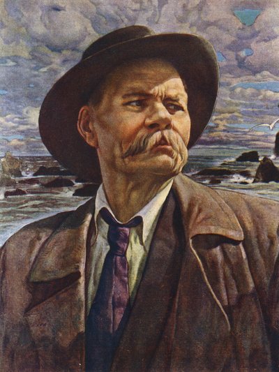 Portrett av den russiske forfatteren Maxim Gorky (farge litho) av Isaak Israilevich (after) Brodsky