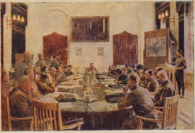 Møte i det revolusjonære militærrådet, Sovjet-Russland. c1925-1934 av Isaak Israilevich Brodsky