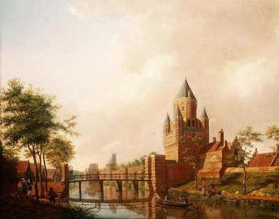 En utsikt over Kleine Houtpoort (Small Gateway) i Haarlem med Grote Houtpoort (Great Gateway) i bakgrunnen av Isaac Ouwater