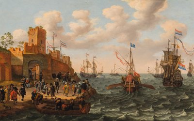 En nederlandsk tremester og en pavelig bysse med annen frakt langs kysten av en befestet by, ca. 1662 (olje på panel) av Isaak Willaerts