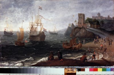 Fiskemarked på stranden (fiskemarked ved kysten). Maleri av Isaac Willaerts (1620-1693). Olje på tre, 35,5 x 67 cm, rundt 1640. 1600-tallets nederlandsk kunst. Statens museum for historie og kunst, Serpukhov (Russland). av Isaak Willaerts