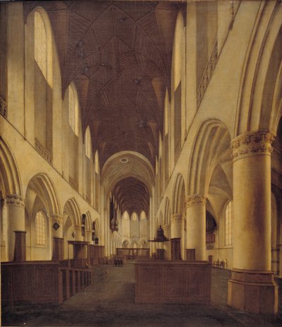 Interiør av St Bavo-kirken i Haarlem. Utsikt fra skipet mot koret av Isaak van Nickelen