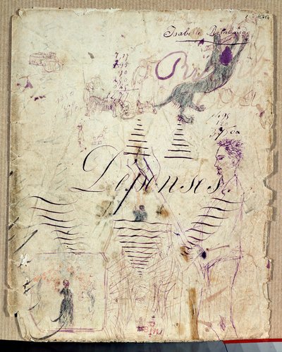 Arthur Rimbaud hjelper innhøstingen. Tegning av Isabelle Rimbaud i lilla blekk på arket med utkast til en utgiftsbok av Isabelle Rimbaud