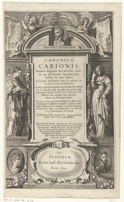 Tittelside for Chronica Carionis av P. Melanchthon Chronica Carionis fra begynnelsen av verden aen tot den Keyser Carolum (tittel på objekt) av Isaeck van Aelst