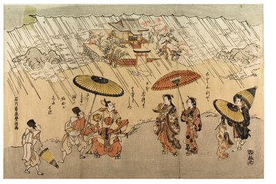 Strandscene i regn av Ishikawa Toyonobu