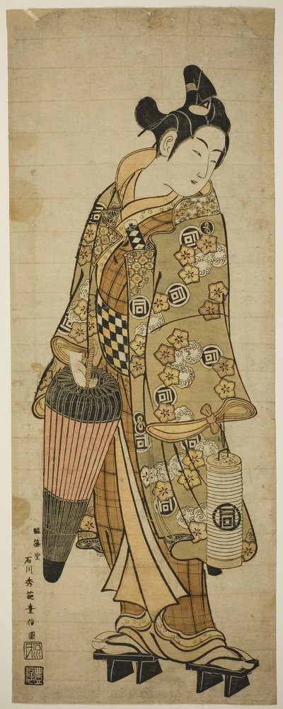Skuespilleren Sanogawa Ichimatsu I som en ung mann holder en paraply og en lykt av Ishikawa Toyonobu