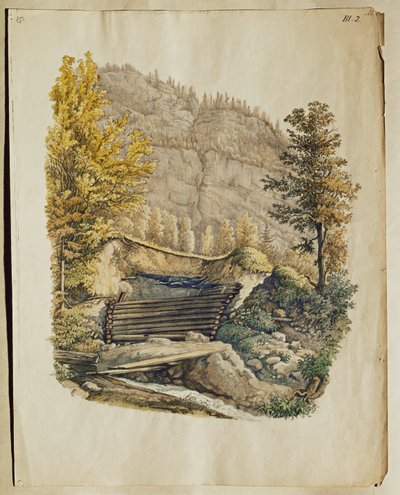 Tomten og veggen til et blokkhus i Hallstatt, oppdaget etter 1846 av Johann Georg Ramsauer … av Isidor Engel