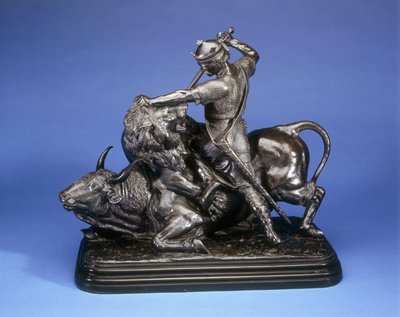 En konge som dreper en løve og angriper en okse, ca. 1874 (svart patina-bronse) av Isidore Jules Bonheur