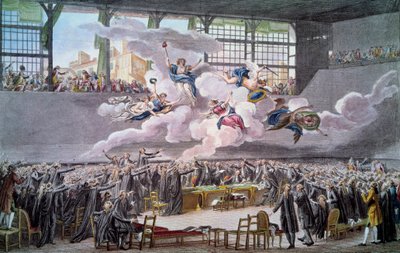 Fransk revolusjon: "" Le oath du jeu de Paume le 20 juin 1789"" Deputatene sverger å ikke skille seg ut før en grunnlov er korrigert. Gravering av Isidore Helman (1743-1809) 1789 Paris, B.N. av Isidore Stanislas Helman