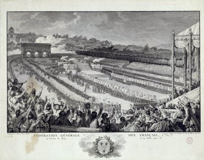 Den franske revolusjonen: syn på festen til General Federation of French Departments på Champs de Mars i Paris 14.07.1791. Illustrasjon av Isidore Helman (1743-1809) Paris fra 1700-tallet, Musee Carnavalet av Isidore Stanislas Helman