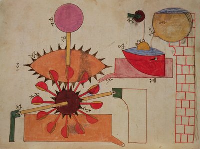 Diagram over et system for å pumpe vann inn i et basseng, fra Book of Knowledge of Genious Mechanical Devices av Al-Jazari, 1206 av Islamic School