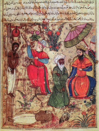 Fol.100 Sultanen viser rettferdighet, fra «Kalilah og Dimnahs bok» (blekk og ugjennomsiktig akvarell på papir) av Islamic School
