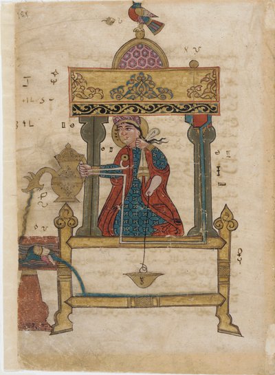 Håndvaskautomat med spylemekanisme, folio fra The Book of Genious Mechanical Devices; av Al-Djazari, 1315 (ugjennomsiktig wc, blekk og gull på papir) av Islamic School