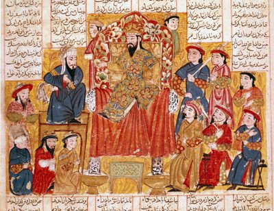 Islamsk kunst: "" En sultan og hans domstol"" Persisk miniatyr fra et manuskript av det episke diktet "" Shahnameh"" (Shah Nama, Shahnama) (Kongenes bok) av Ferdowsi (Firdawsi, eller Ferdawsi, eller Firdousi, ca. 940 av Islamic School
