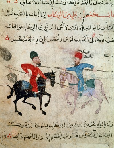Islamsk kunst: Tegning på pergament fra Fatimid-perioden (10-1000-tallet) - Scene med duell mellom to ryttere - Maleri på papyrus - Kairo, Museum for islamsk kunst av Islamic School