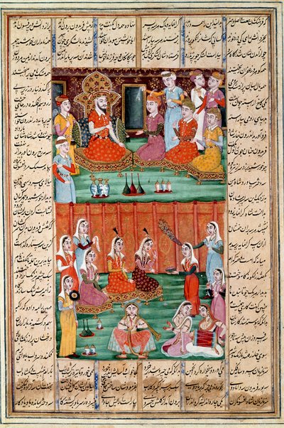 Islamsk kunst: "" Marriage of the Three Daughters of Sero, King of Yemen"" Persisk miniatyr fra et manuskript av det episke diktet "" Shahnameh"" (Shah Nama, Shahnama) (Kongenes bok) av Ferdowsi (Firdawsi eller Ferdawsi) , eller Firdousi, ca. 940-rundt 102 av Islamic School