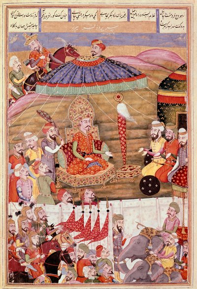 Islamsk kunst: "" Sohrab (Saharab) ser igjen på teltet til Roustam""" Persisk miniatyr fra et manuskript av det episke diktet "" Shahnameh"" (Shah Nama, Shahnama) (Kongenes bok) av Ferdowsi (Firdawsi, eller Ferdawsi, eller Firdousi, ca. 940-rundt 1020) (ms av Islamic School