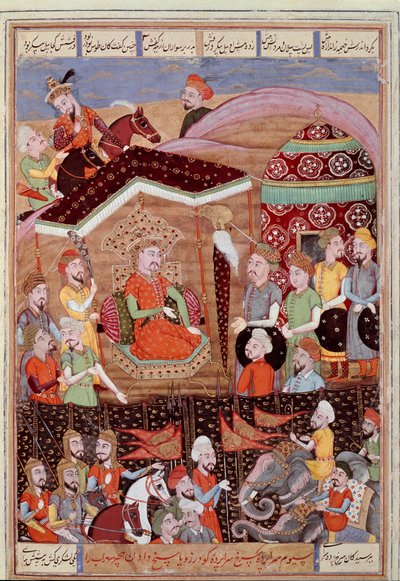 Islamsk kunst: "" Sohrab (Saharab) ser på det svarte teltet til lederne av den persiske hæren""" Persisk miniatyr fra et manuskript av det episke diktet "" Shahnameh""" (Shah Nama, Shahnama) (Kongenes bok) av Ferdowsi (Firdawsi, eller Ferdawsi, eller Firdo av Islamic School