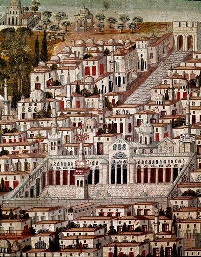 Islamsk kunst: Utsikt over Damaskus med Den store moskeen til Umayyadene i Damaskus (705-715). Anonymt syrisk maleri fra 1600-tallet. Syria, Damaskus, Azem Palace eller Azm. av Islamic School