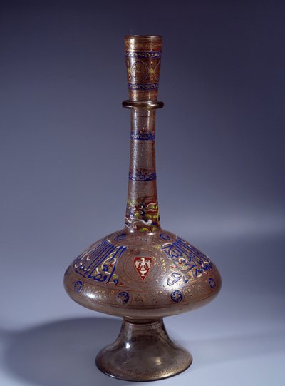 Islamsk kunst: flasken har lenge enamed glasshals av visekong Tuquztemur. 1345 ca.. fra Egypt eller Syria. Dim. 50 cm. Paris, Louvre-museet av Islamic School